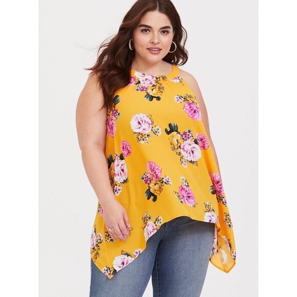 Torrid Top Size 2 2X Georgette High Neck Tank Yellow Pink Floral Asymmetrical - Picture 3 of 12